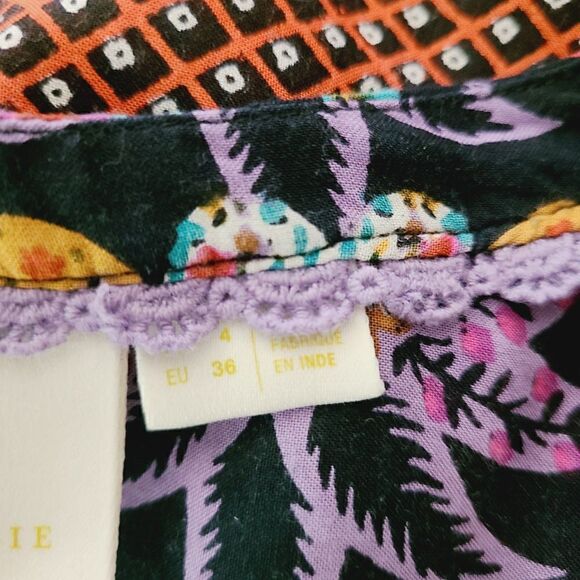 Maeve Anthropologie Blouse 4 Black‎ Multi Floral Tie Button Front V-Neck Top - Picture 6 of 8